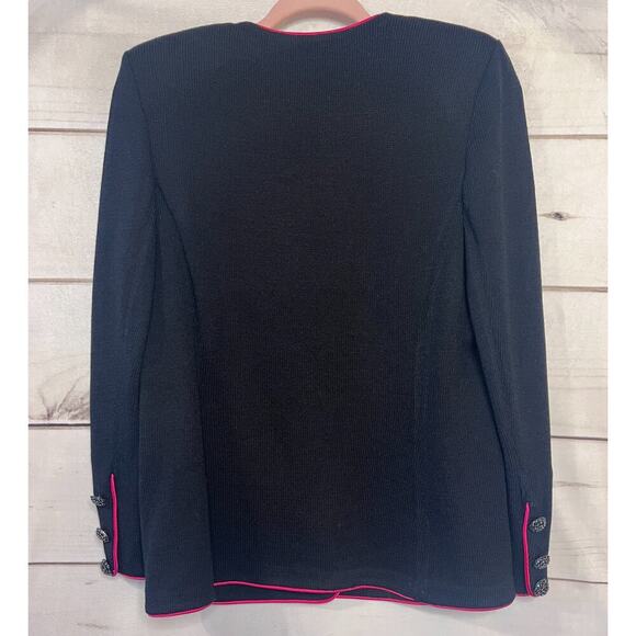 St. John Black Evening Sweater Pink Trim Big Sparkle Buttons *Small Flaw* Size 6 - Picture 2 of 9